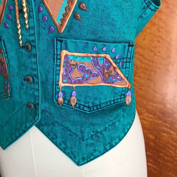 VINTAGE 80’s Acid Wash Southwestern Denim Vest S - Picture 4 of 14